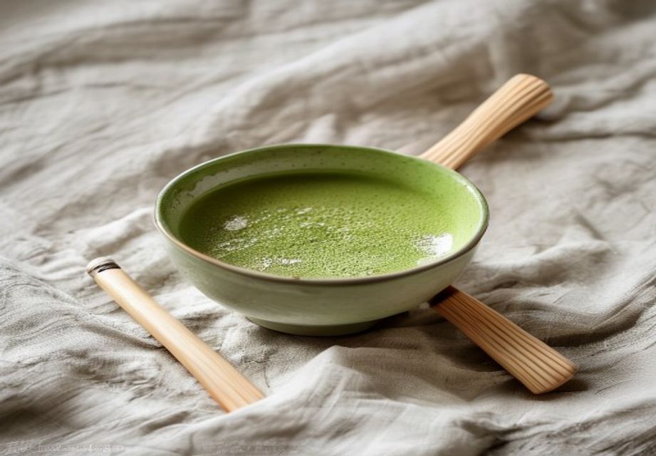 A bowl of frothy matcha with a bamboo whisk