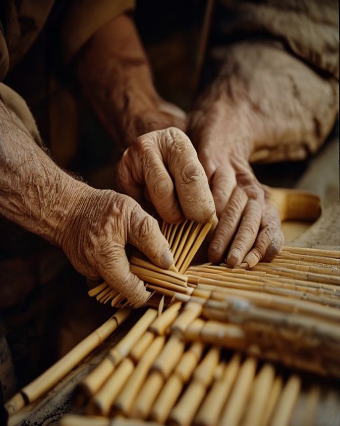 A craftsman's hands splitting bamboo tines to make a tea whisk