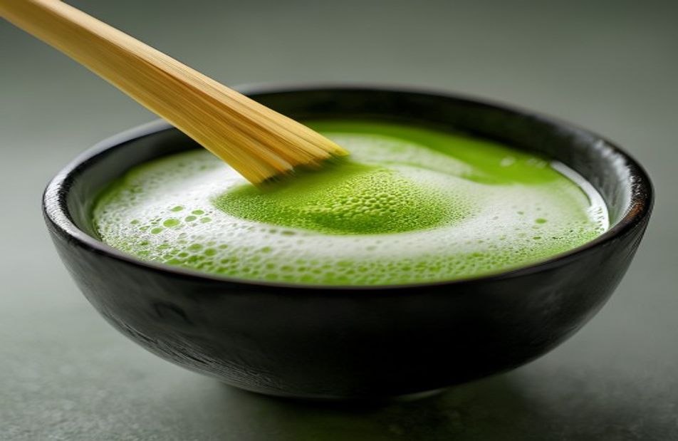 Bright green matcha being whisked with a handmade bamboo chasen